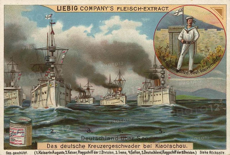 Picture series German overseas colonies, the German cruiser squadron at Kiaochou, China, Liebig picture, digitally restored reproduction of a collector's picture from ca 1900, public domain, exact date unknown, German cruiser squadron at Kiaochou on the high seas, with steam clouds, Asia