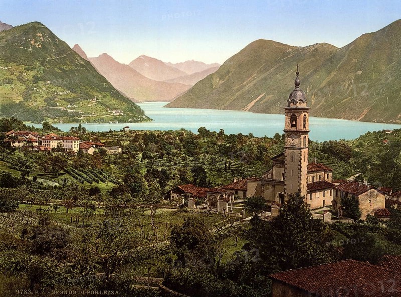 General view, Porlezza, Italy, Historic, digitally restored reproduction from a 19th century original, Record date not stated, General view, Italy, Historic, digitally restored reproduction from a 19th century original, Record date not stated, Europe