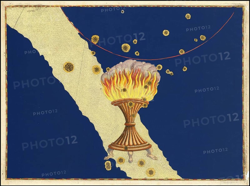Astronomy. The celestial atlas, the Uranometria, Ptolemaic constellations, by Johann Bayer (1572 - 7 March 1625), German astronomer, Ara, altar, constellation of the southern sky, digitally enhanced reproduction of a historical model