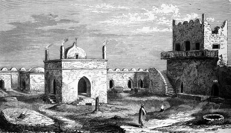 The Ateshgah or Atashgah, a former fire temple with the Eternal Flame of Baku, Azerbaijani capital, earth fire or earth fire, fortification, tower, wall, travelling in Asia, Azerbaijan, historical illustration 1887, Asia
