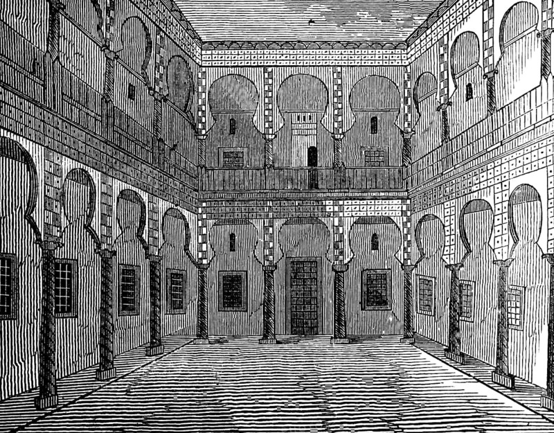 Two-storey house, open courtyard for festivities, gallery on the first floor, windows facing the courtyard, doors, columns, architecture, ornamentation, Bible, historical illustration, Biblical Dictionary 1862