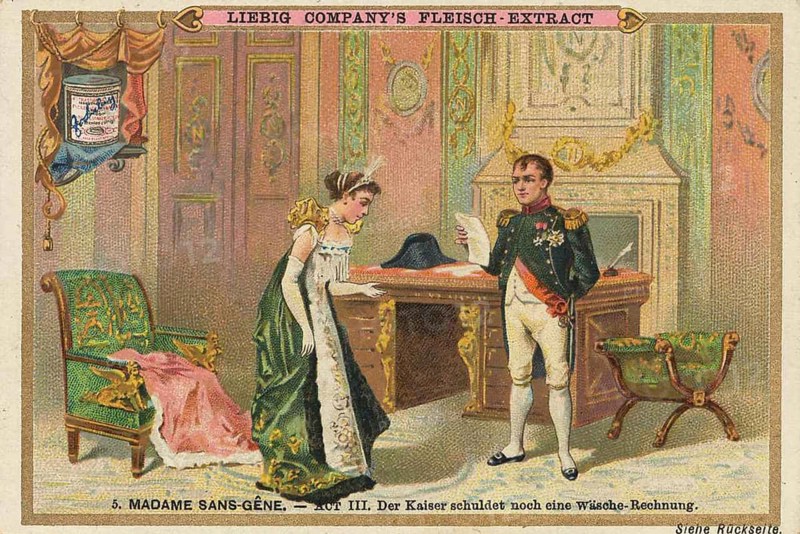 Picture series Madame Sans-Gene, Act 3, the emperor still owes the laundry bill, Liebig picture, digitally restored reproduction of a collector's picture from around 1900, public domain, exact date unknown, imperial moment with Napoleon and a woman in an elegant room