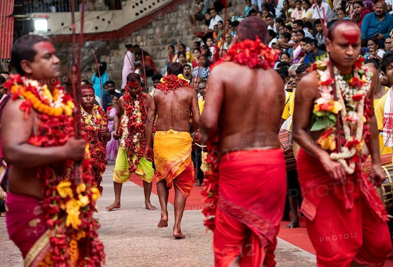 GUWAHATI, INDIA, AUGUST 19: Priests dance in the beat of Dhol (Drum) during the annual three-day-long Deodhani festival at the Kamakhya Temple on August 19, 2024 in Guwahati, India. The Deodhani festival is dedicated to Serpent Goddess Kamakhya, people believed that Goddess Kamakhya fulfills the wishes of the devotees who participate in this festival