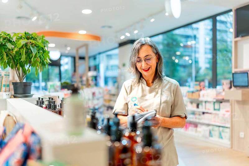 Female pharmacist checking products and doing inventory in the store