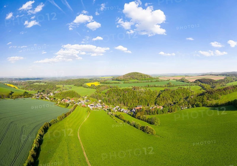 Landscape in the Osterzgebirge with Niederfrauendorf and Luchberg from above, Glashütte, Erzgebirge, Saxony, Germany, Europe
