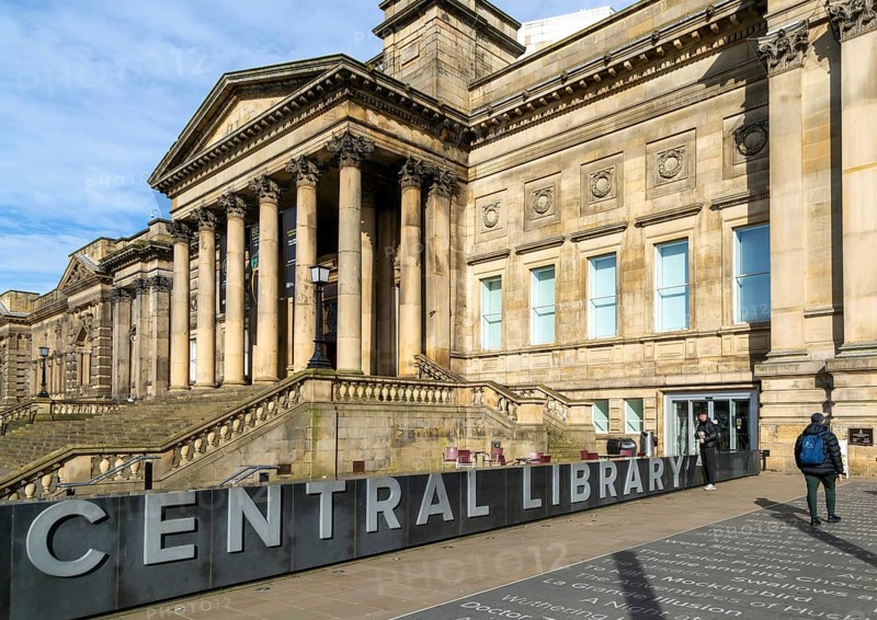 Portico entrance Neoclassical architecture of World Museum, Central Library buildings, city centre of Liverpool, England, UK opened 1850s