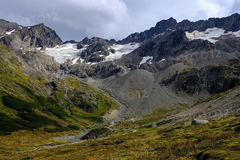 Ushuaia, Tierra del Fuego, Argentina, hiking trail to the Martial glacier on Cerro Martial, Ushuaia's local mountain. Ushuaia is the southernmost city in the world, the end of the world, South America