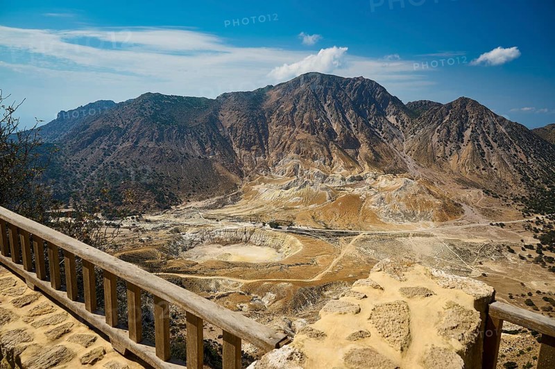 Viewpoint overlooking vast volcanic landscape and majestic mountains under sunny skies, volcanism, volcanic island, Nikia viewpoint, Nisyros, Dodecanese, Greek Islands, Greece, Europe