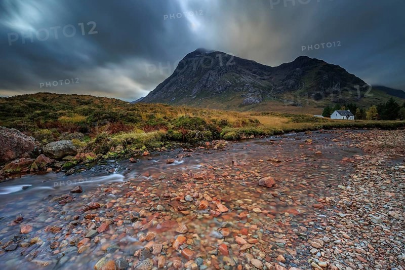 Wild river, cloudy mood, hut, cottage, long exposure, autumn, mountains, Lagangarbh Cottage, Buachaille Etive Mòr, Glencoe, Scottish Highlands, Scotland, Great Britain