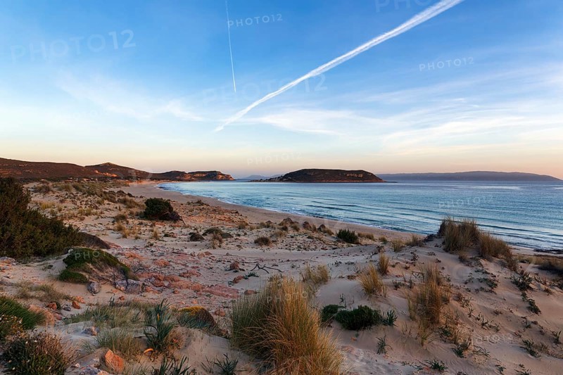 Dune landscape on a dream beach, coastline in the evening light, insider tip, Elafonisos, Deer Island, Laconia, Peloponnese, Ionian Islands, Ionian Sea, Greece, Europe