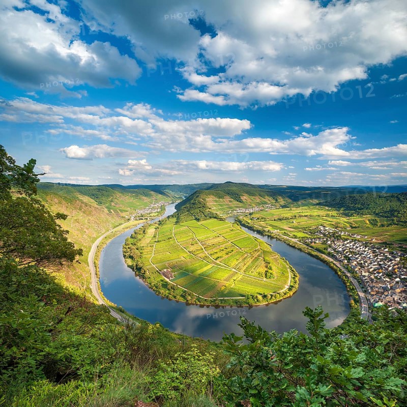 View of the Moselle bend at Bremmer Calmont, Bremm, Moselle valley, Rhineland-Palatinate, Germany, Europe
