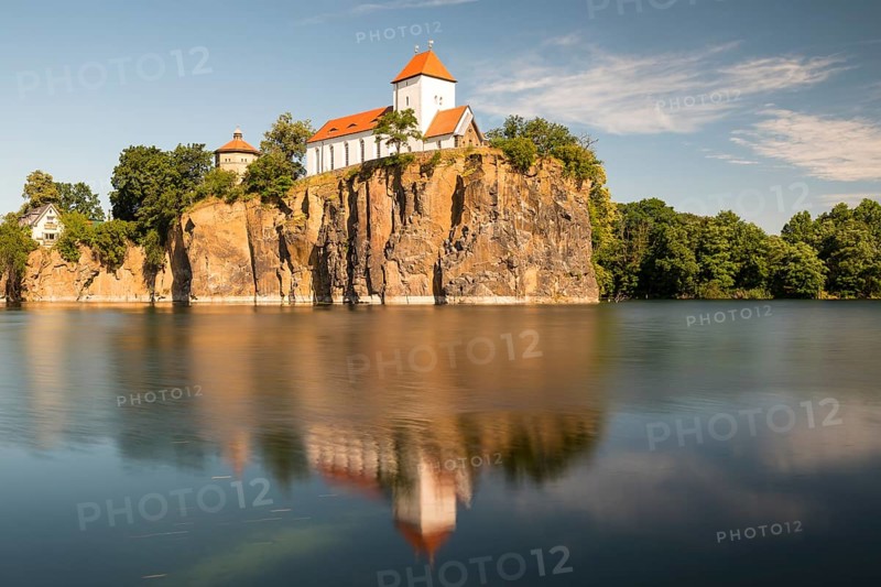 Kirchbruch lake and mountain church with water tower, Beucha, Leipzig district, Saxony, Germany, Europe