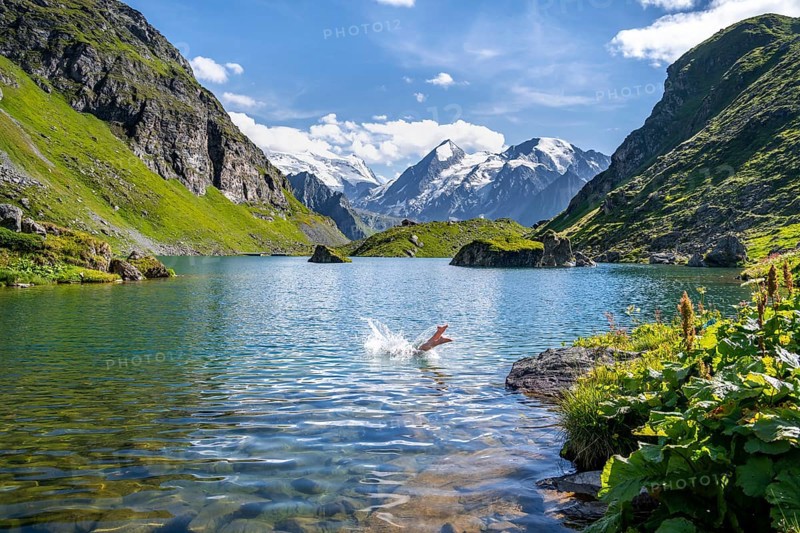 Woman taking a dip, cooling off in the mountain lake Lac de Louvie, behind the summit of the Grand Combin, Val de Bagnes, Valais, Switzerland, Europe