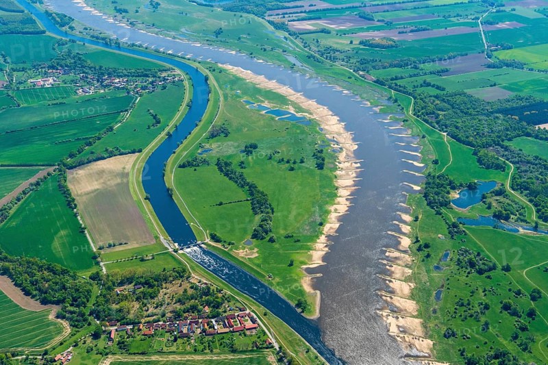 Aerial view, tributary, Havel, Elbe, river, water, landscape, river landscape, Brandenburg, Germany, Europe