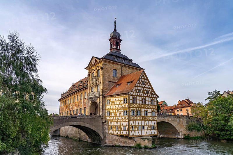 The Old Town Hall on the River Regnitz in the historic centre of Bamberg, Upper Franconia, Bavaria, Germany, Europe