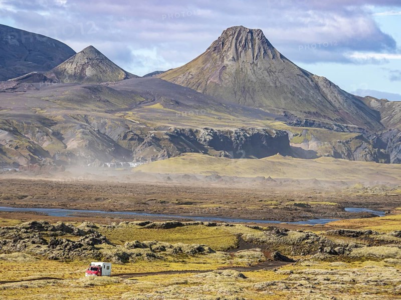Skafta river and Uxatindar mountain range, camper van on road F206, Laki tourist road, Iceland, Europe