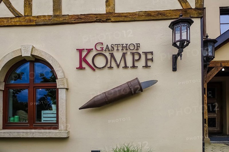 Gasthof Kompf, Swabian inn, restaurant, lettering, letters, facade, half-timbered house, tradition, replica of a Kompf, container for water to moisten the whetstone, outdoor light, lamp, Kusterdingen-Jettenburg, Baden-Württemberg, Germany, Europe
