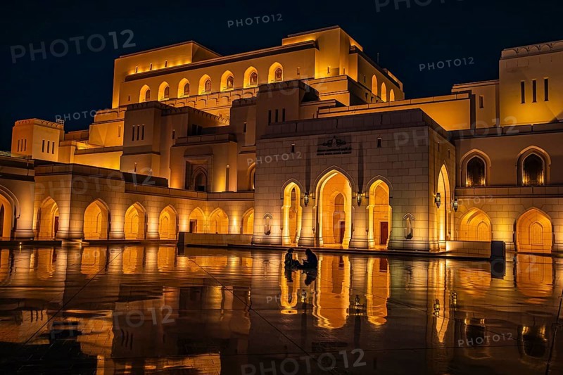 The illuminated main square in front of the Royal Opera, at night, night shot, Muscat, Arabian Peninsula, Sultanate of Oman