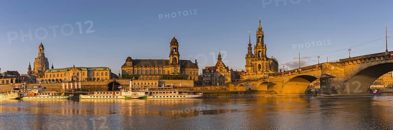 View over the Elbe with Church of Our Lady, Bruehl's Terrace, ships of the Saxon Steamship Company, Court Church and Augustus Bridge, Dresden, Saxony, Germany, Europe