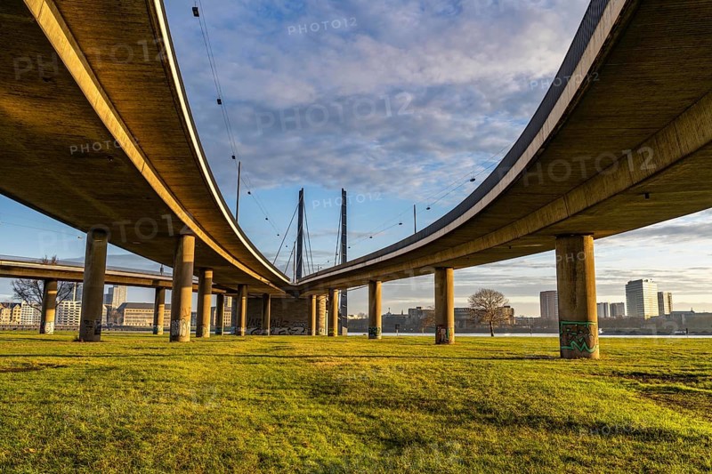 Bridge ramps of the Rheinknie Bridge over the Rhine near Düsseldorf, view from Oberkassel, North Rhine-Westphalia, Germany, Europe