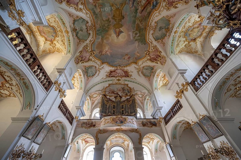 Organ loft of the Maria Brünnlein pilgrimage basilica in rococo style built between 1748 and 1782, Wemding, Swabia Bavaria, Germany, Europe