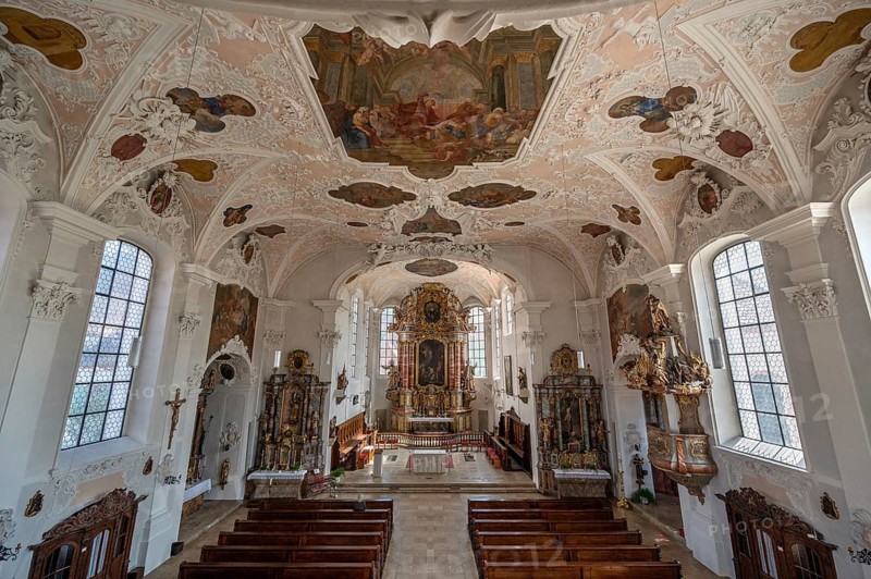 Interior with high altar of the parish church of St. John the Baptist, built in 1475 as a Gothic church, baroqueised from 1732 to 1755, Hiltpoltstein, Middle Franconia, Bavaria, Germany, Europe