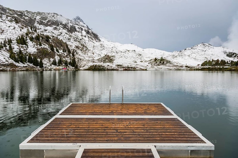 Bettmersee, mountain lake, alpine, bathing, swimming, footbridge, wooden footbridge, tranquillity, wellness, cold, winter, snow, tourism, Bettmeralp, Valais, Switzerland, Europe