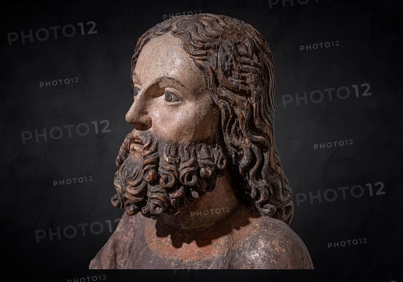 Head of Jesus, around 1470, on a dark background, only the body of Jesus remains of the palm donkey, Strigel Museum, Martin-Luther-Platz 1, Memmingen, Swabia, Bavaria