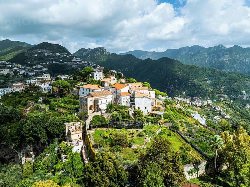 View of Ravello from a drone, Amalfi Coast, Tyrrhenian Sea, Salerno, Campania, Italy, Europe