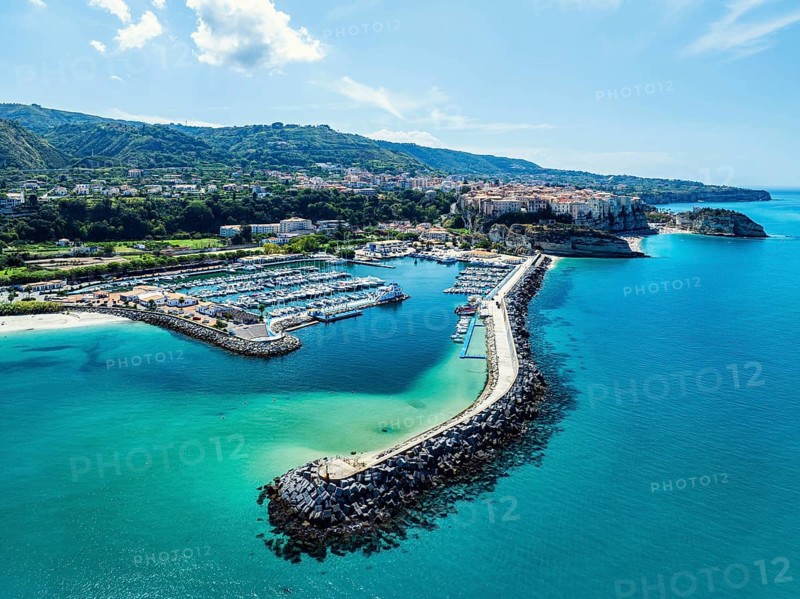 Port and Marina in Tropea from a drone, Tyrrhenian Sea, Calabria, Italy, Europe