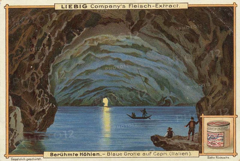Picture series Famous Caves, Blue Grotto on Capri, Italy, Liebig picture, digitally restored reproduction of a collector's picture from about 1900, public domain, exact date unknown, boats sailing in a blue illuminated cave on the sea, Europe