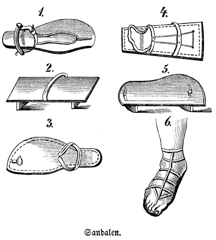 Various sandals made of wood, cork or leather, noblemen wear sandals with heels (2 and 5), later leather covered the whole foot (4), development of the slipper, Genesis 1, Bible, historical illustration, Biblisches Handwörterbuch 1862