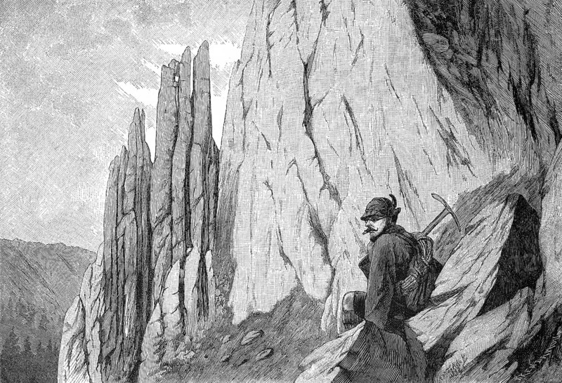 The ascent of the Totenkirchl, a 2190 m high mountain in the Wilder Kaiser in the Northern Limestone Alps east of Kufstein in Tyrol, Austria, reproduction of an original, around 1900, historical, A mountaineer sits on rocks and looks at an impressive rock formation, Europe