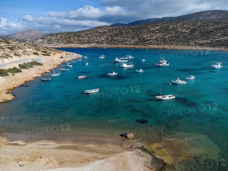 Fishing boat in the bay of Kalotaritissa, Amorgos, Cyclades, Greece, Europe
