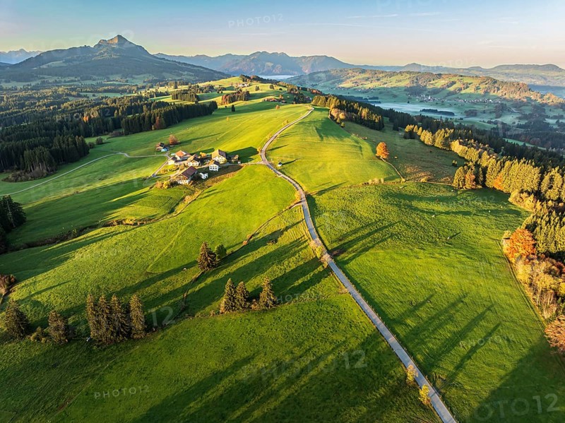 Mountain range near village Wertach, view to mt. Gruenten, sunrise, fog in valley, traditional farm, aerial view, Allgaeu, Bavaria, Germany, Europe