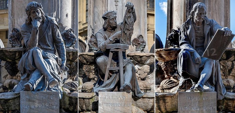 Fountain figures, Walther von der Vogelweide, Tilmann Riemenschneider and Mathias Grünewald on the Frankoniabrunnen, neo-baroque, created in 1894, Residenzplatz, Würzburg, Lower Franconia, Bavaria, Germany, Europe