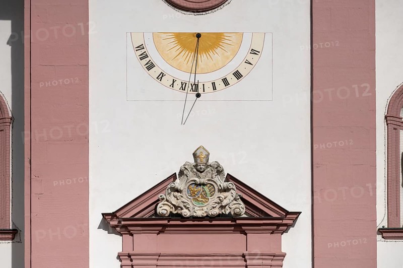 Sundial on the late baroque St Kilian's church, Untertheres, Lower Franconia, Bavaria, Germany, Europe