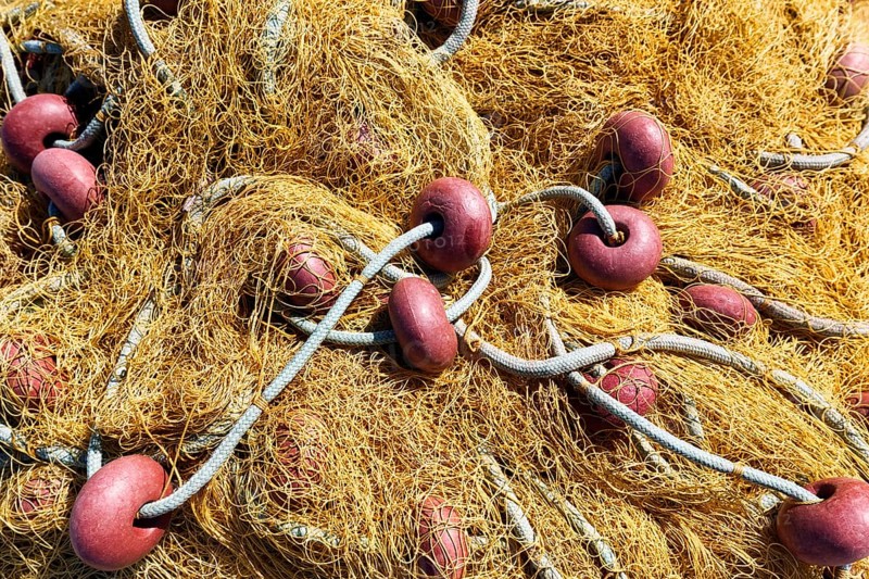 Fishing net, detail, harbour, Elafonisos, Deer Island, Laconia, Peloponnese, Ionian Islands, Ionian Sea, Greece, Europe