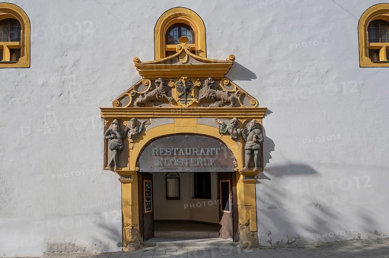 Entrance portal of today's Klösterle restaurant and town hall, former Franciscan monastery 1287, Beim Klösterle 1, Nördlingen, Bavaria, Germany, Europe