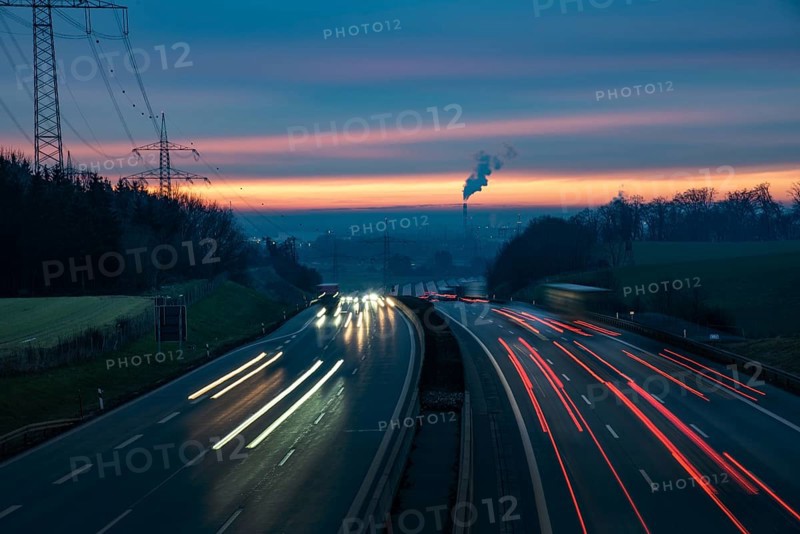View from a bridge onto the A8 motorway near Augsburg at sunset, Augsburg, Bavaria, Germany, Europe