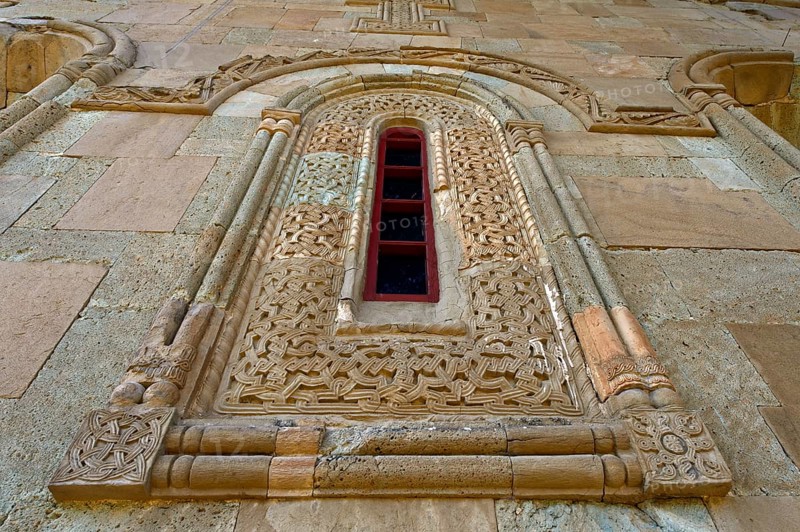 Main church in the Betania Monastery of the Nativity of the Holy Mother of God, window with ornamented frame, Kvesseti, Georgia, Asia