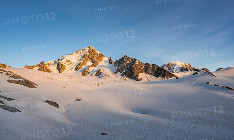 High alpine mountain landscape at sunset, Glacier du Tour, Glacier and mountain peaks in the evening light, summit of the Aiguille de Chardonnet, Chamonix, Haute-Savoie, France, Europe