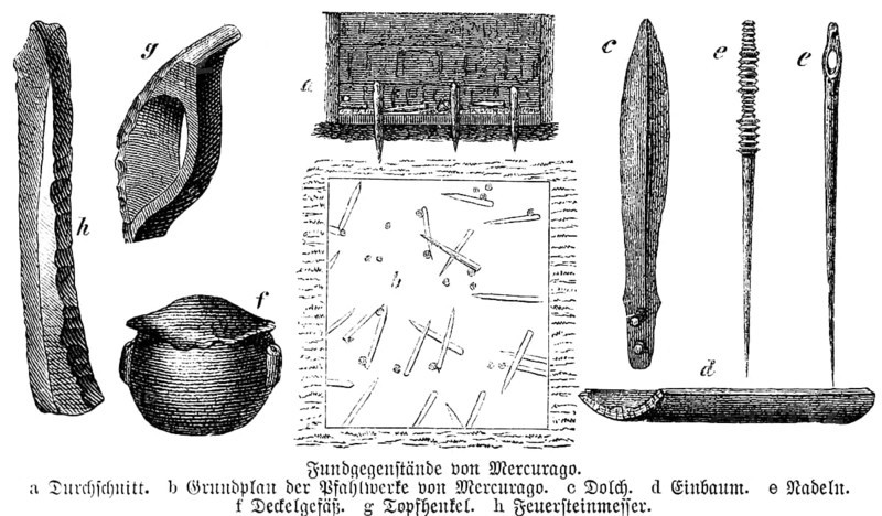 Numerous, well-preserved Etruscan finds in the moor near Mercurago on Lake Maggiore, dugout canoe, pot, needles, dagger, flint knife, plan of the pile dwellings, Piedmont, Northern Italy, archaeology, history of mankind, Italy, historical illustration 1880, Europe