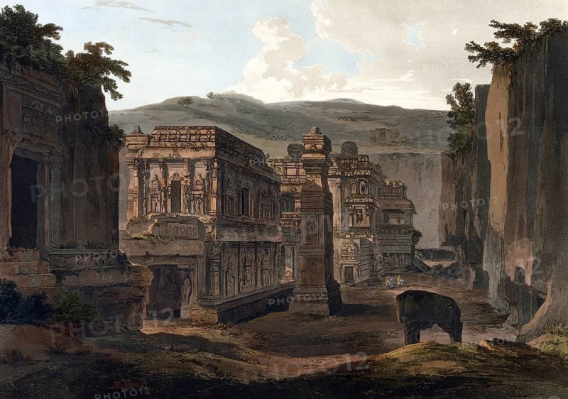 The Hindu Kailasa Temple of Ellora in the state of Maharashtra is the largest rock-cut temple in India carved out of a natural rock outcrop, ca 1880, digitally enhanced reproduction of a 19th century model