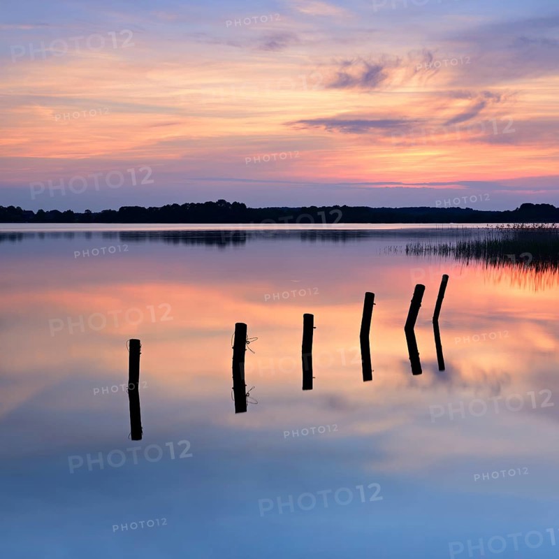 Sunset at Lake Schaalsee, wooden post in the water, Zarrentin am Schaalsee, Schaalsee Biosphere Reserve, Mecklenburg-Western Pomerania, Germany, Europe