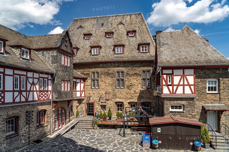 Inner courtyard of Stahleck Castle in Bacharach, World Heritage Upper Middle Rhine Valley, Rhineland-Palatinate, Germany, Europe