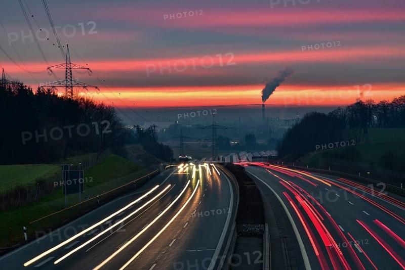 View from a bridge onto the A8 motorway near Augsburg at sunset, Augsburg, Bavaria, Germany, Europe