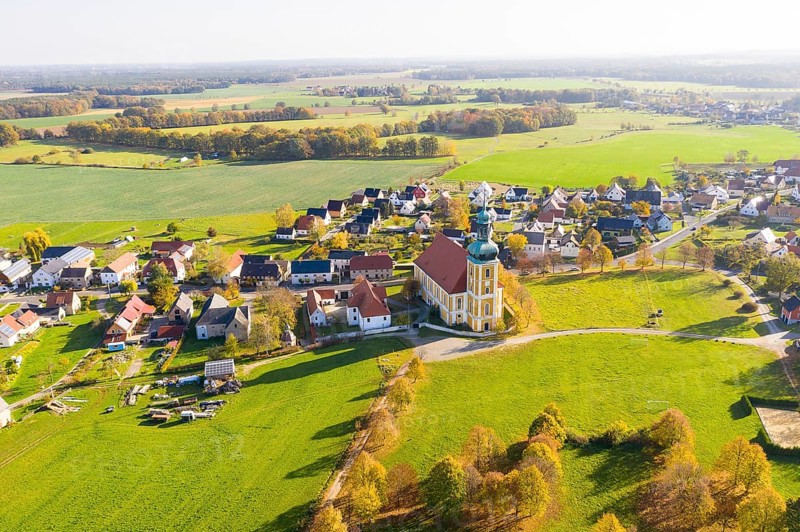 Aerial view of the pilgrimage church with monastery and village, Rosenthal, Saxony, Germany, Europe