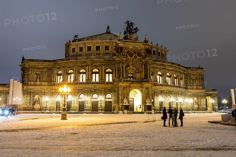 Semperoper on the theatre square with snow, night shot, Dresden, Saxony, Germany, Europe