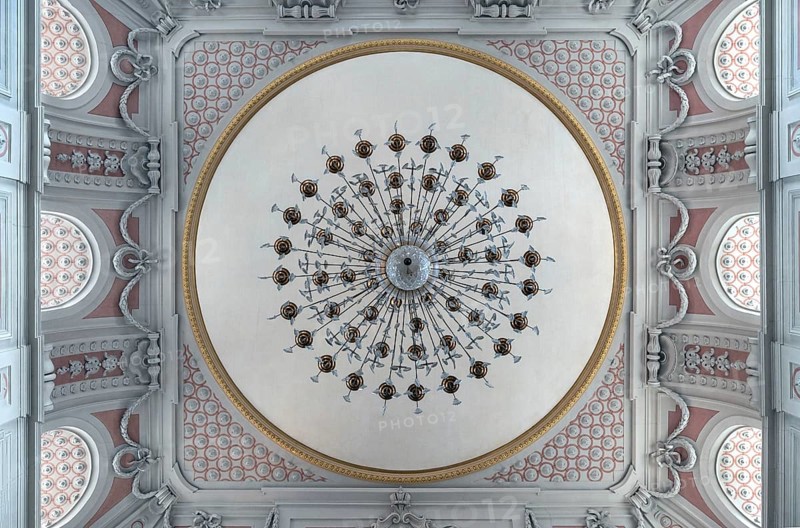 Vaulted dome with chandelier of St James' Church, built 1772-1775, Bad Kissingen, Lower Franconia, Bavaria, Germany, Europe
